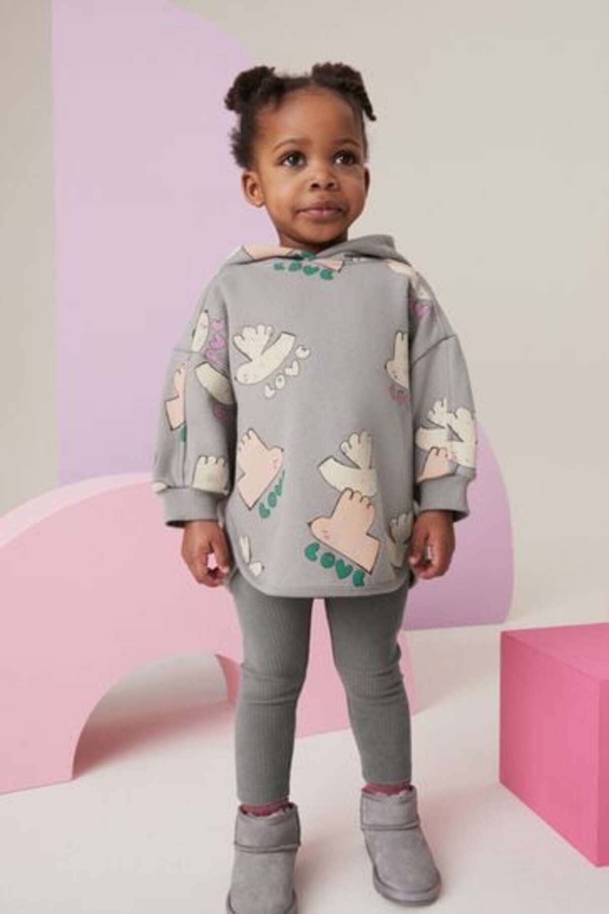 Next Baby Pamuklu Gri Kapüşonlu Uzun Kollu Sweatshirt Tayt Alt Üst Takım