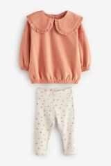 Next Baby Pamuklu Orange Çiçek Desenli Bebe Yaka Sweatshirt Tayt Alt Üst Takım
