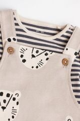 Next Baby % 100 Pamuklu Siyah Beyaz Çizgili Hayvan Desenli Salopet Body Zıbın Set