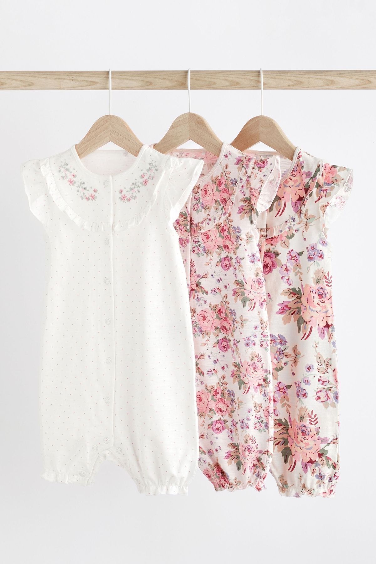 Next Baby % 100 Pamuklu Beyaz Pembe Çiçek İşlemeli 3’lü Romper Set