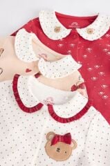 % 100 Pamuklu Beyaz Kırmızı Ayıcık Desenli 3'lü Tulum Set