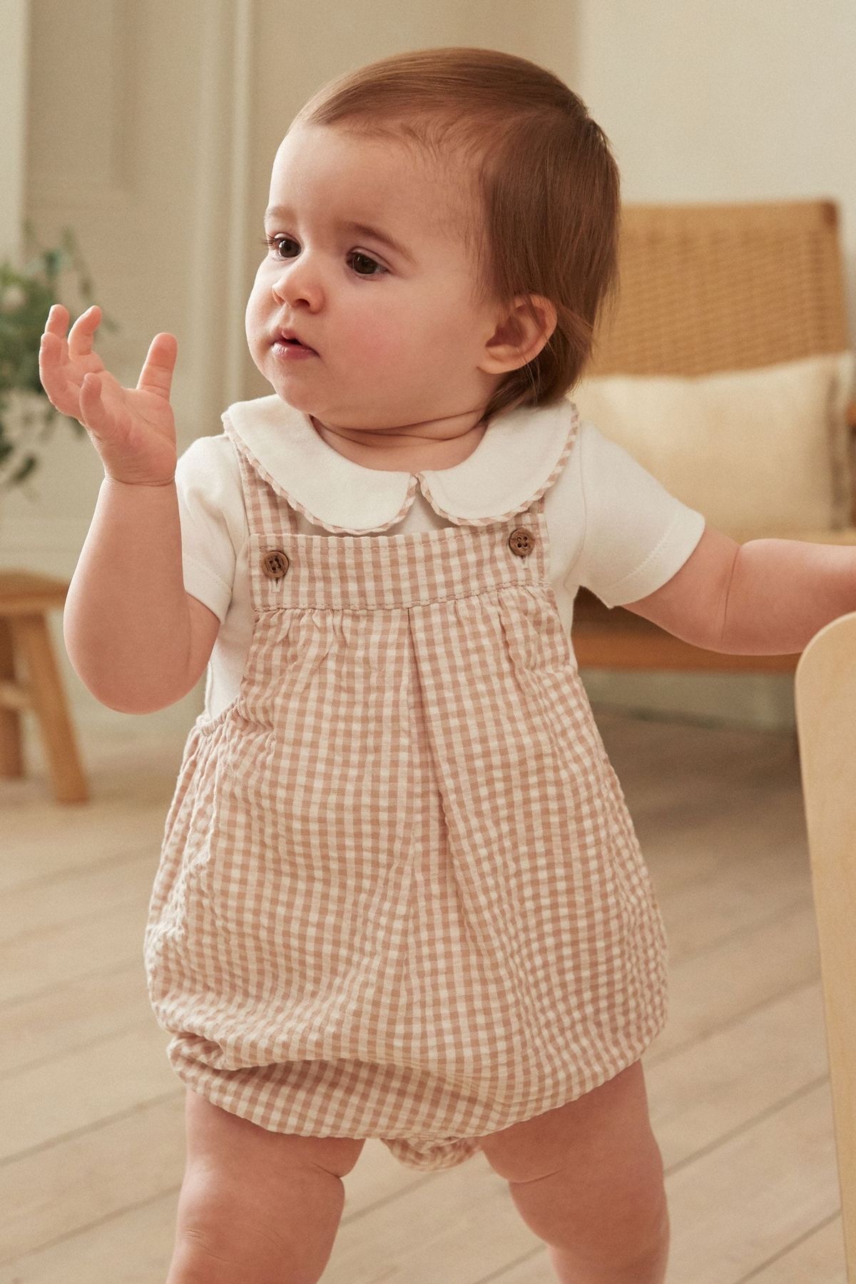 Next Baby Pamuklu Krem Pötikareli Smart Gömlek Body Zıbın Salopet Set