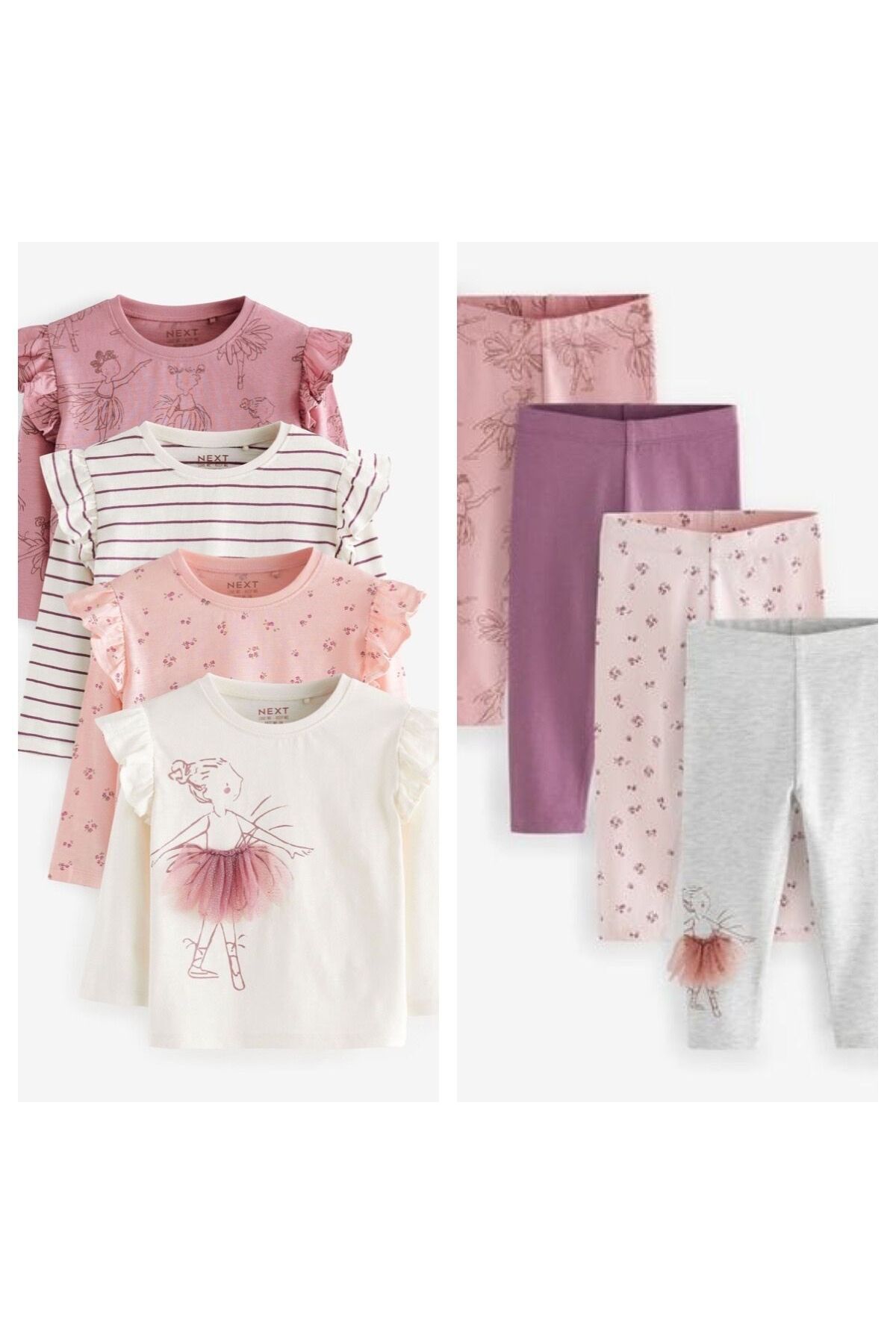 Next Baby Pamuklu Pembe Balerin Desenli Uzun Kollu Taytlı Alt Üst Takım