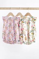 % 100 Pamuklu Leylak Moru Çiçek Desenli 3’lü Romper Set