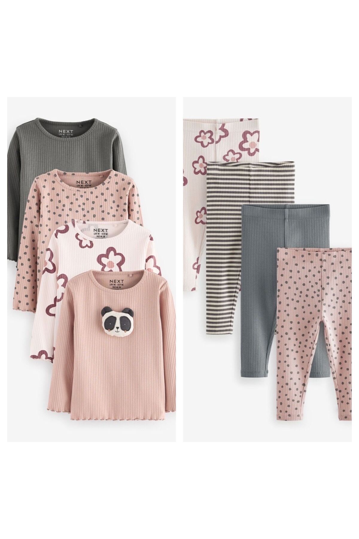 Next Baby Pamuklu Krem Kahve Panda Çiçek Desenli Uzun Kollu Taytlı Takım