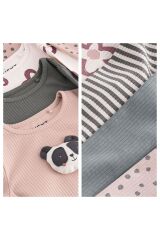 Next Baby Pamuklu Krem Kahve Panda Çiçek Desenli Uzun Kollu Taytlı Takım