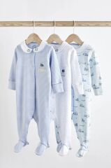 % 100 Pamuklu Mavi Fil Desenli Bebe Yaka 3’lü Tulum Set