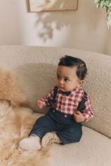 Next Baby Pamuklu Kırmızı Ekose Gömlek Lacivert Pantolon Papyon Askı 4'lü Set