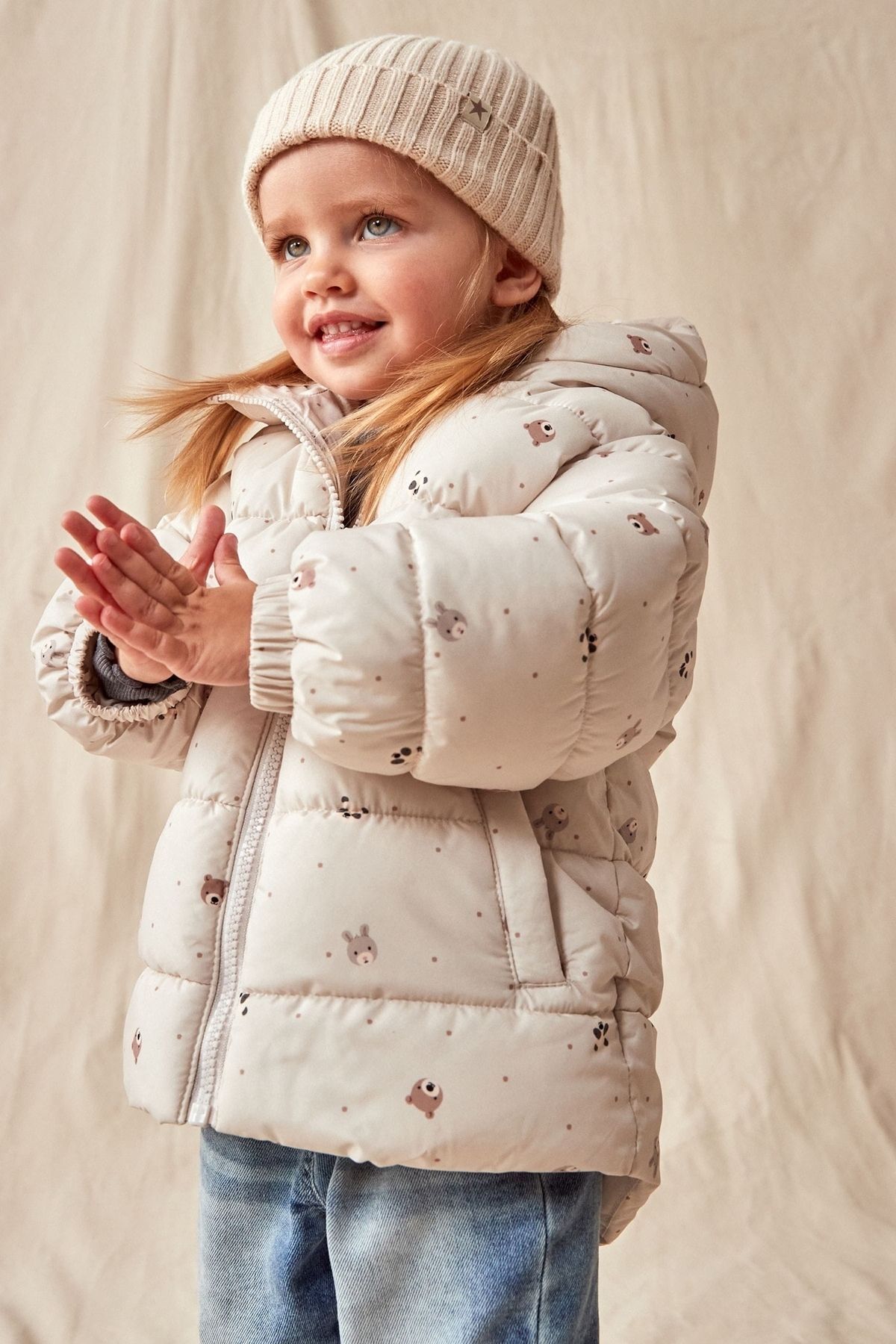 Next Baby Krem Ayıcık Desenli Tam Polar Astarlı Suya Dayanıklı Mont