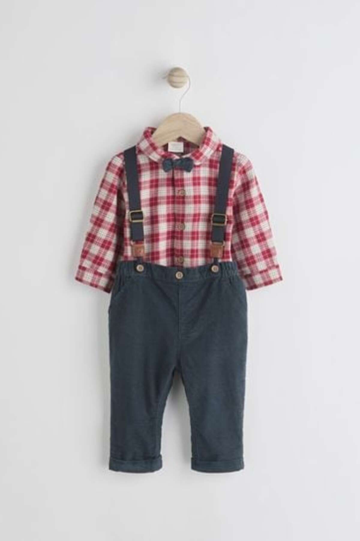 Next Baby Pamuklu Kırmızı Ekose Gömlek Lacivert Pantolon Papyon Askı 4'lü Set