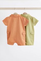 Next Baby % 100 Pamuklu Yeşil Turuncu Gömlek Yaka 2’li Romper Set