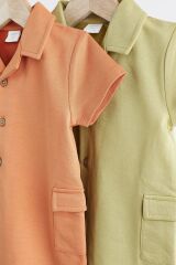 Next Baby % 100 Pamuklu Yeşil Turuncu Gömlek Yaka 2’li Romper Set