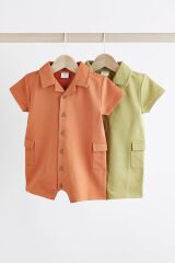Next Baby % 100 Pamuklu Yeşil Turuncu Gömlek Yaka 2’li Romper Set