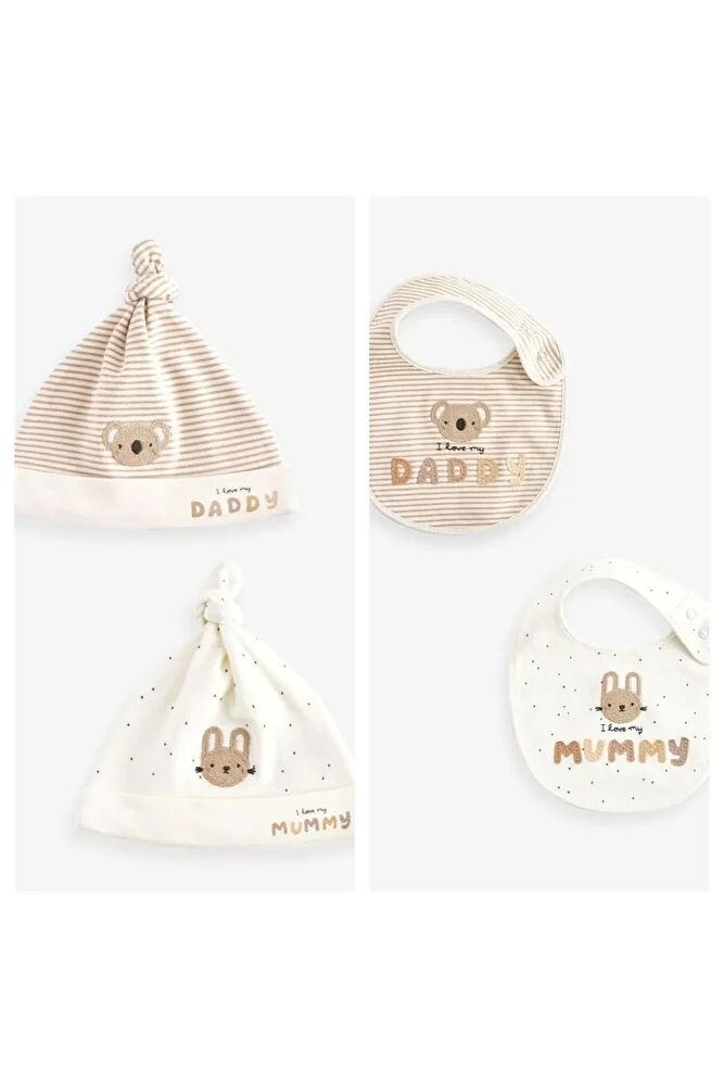 % 100 Pamuklu Krem Daddy Mummy Desenli 2’li Şapka Önlük Seti