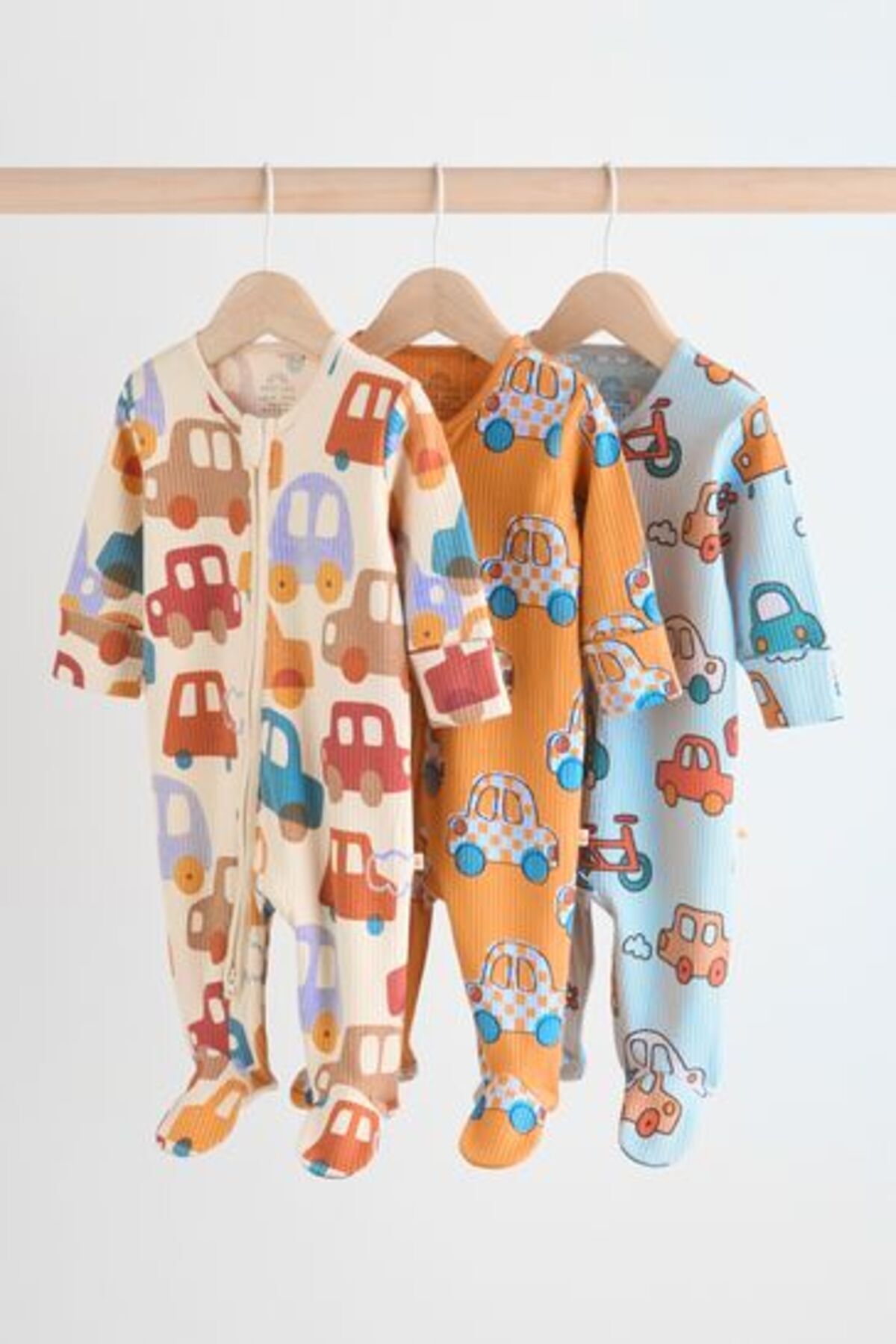 Next Baby % 100 Pamuklu Krem Arabalar Desenli 3'lü Tulum Set