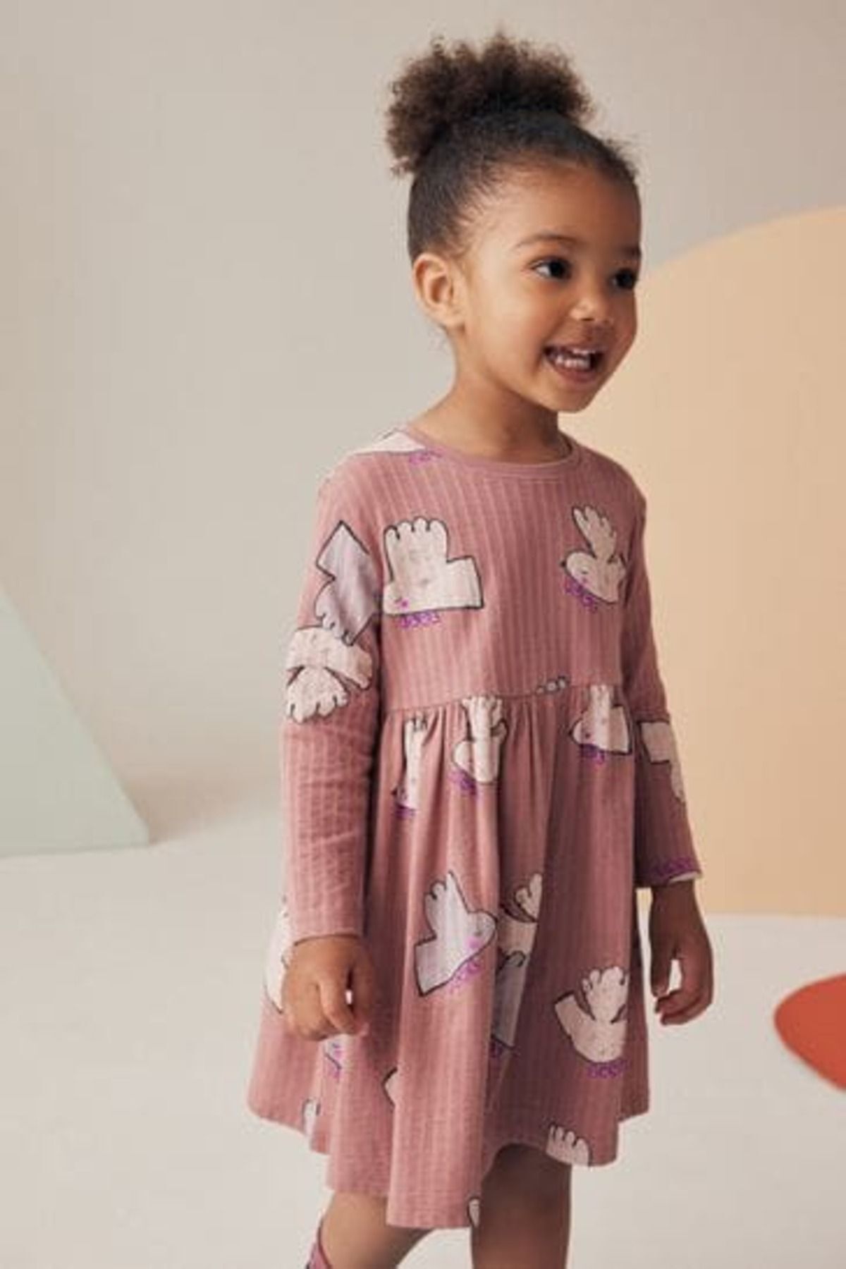 Next Baby Pamuklu Doğal Kuş Desenli Uzun Kollu Elbise