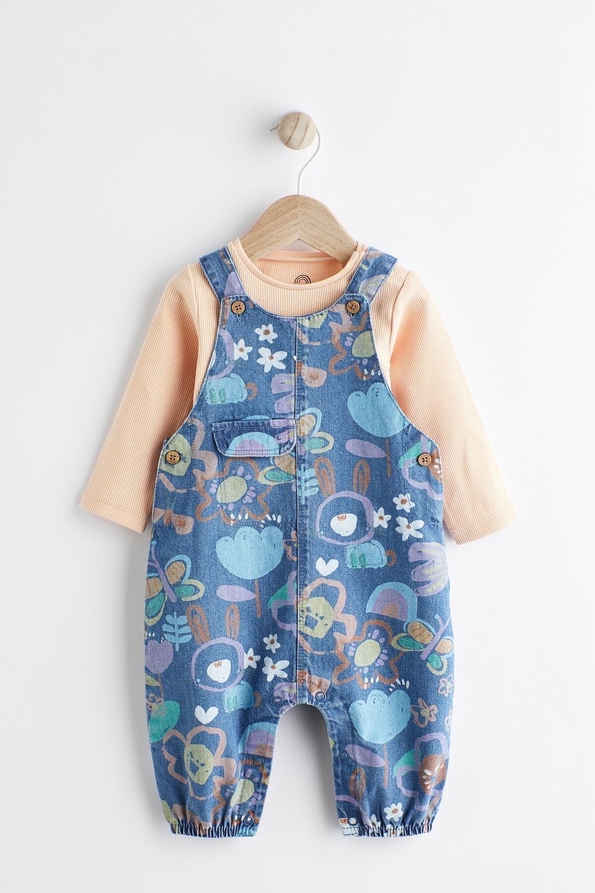 Next Baby Pamuklu Mavi Turuncu Denim Salopet Body Zıbın Set