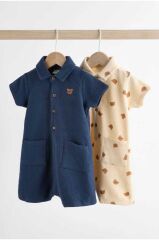 % 100 Pamuklu Lacivert Krem Polo Yaka 2’li Romper Set