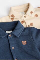 % 100 Pamuklu Lacivert Krem Polo Yaka 2’li Romper Set