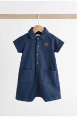 % 100 Pamuklu Lacivert Krem Polo Yaka 2’li Romper Set