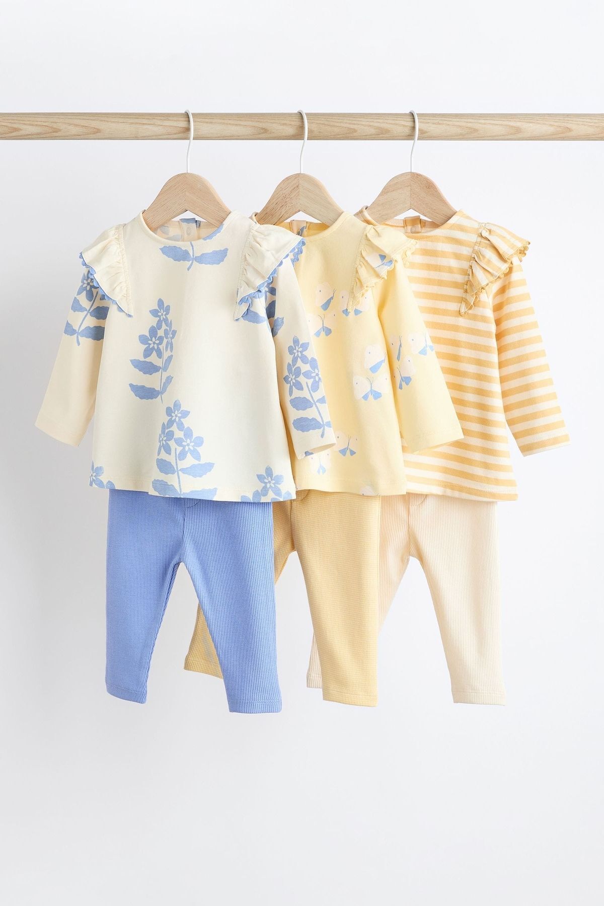 Next Baby % 100 Pamuklu Mavi Sarı Çiçek Desenli Uzun Kollu 3’lü Alt Üst Takım