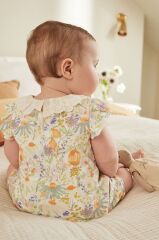 % 100 Pamuklu Krem Çiçek Desenli Dantel Yaka Romper