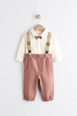 % 100 Pamuklu Gül Kurusu Smart Gömlek Pantolon Askı Papyon Set