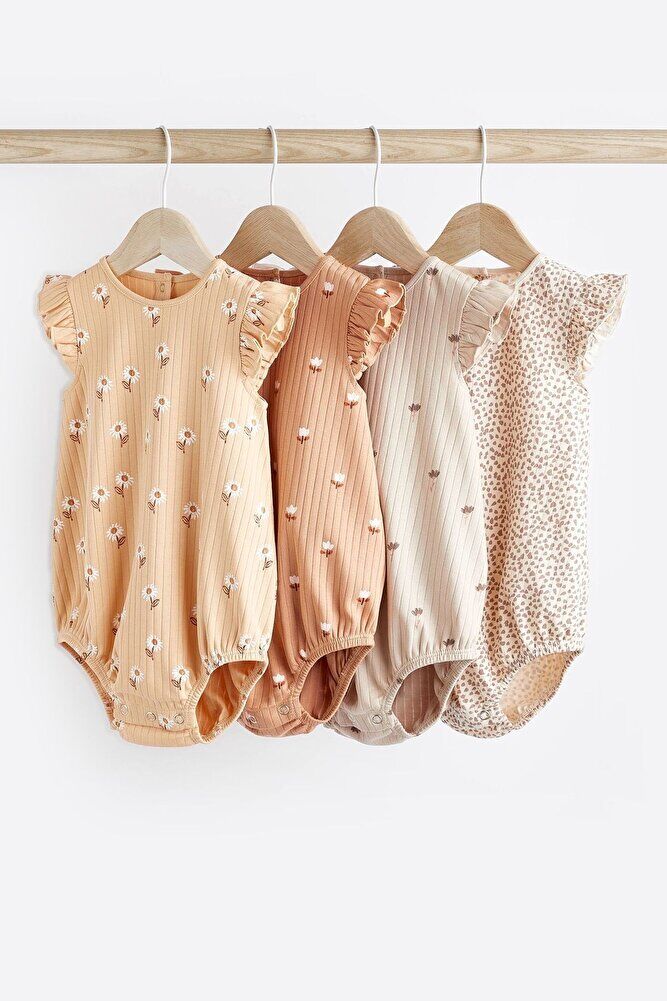 % 100 Pamuklu Beige Cream Floral 4’lü Romper Set