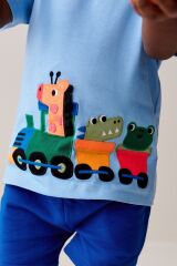 Next Baby Pamuklu Mavi Tren Desenli Kısa Kollu Şortlu Alt Üst Takım