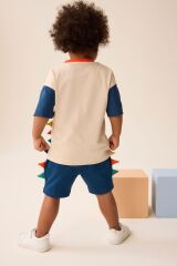 Next Baby % 100 Pamuklu Mavi Krem Dinazor Desenli Kısa Kollu Şortlu Alt Üst Takım