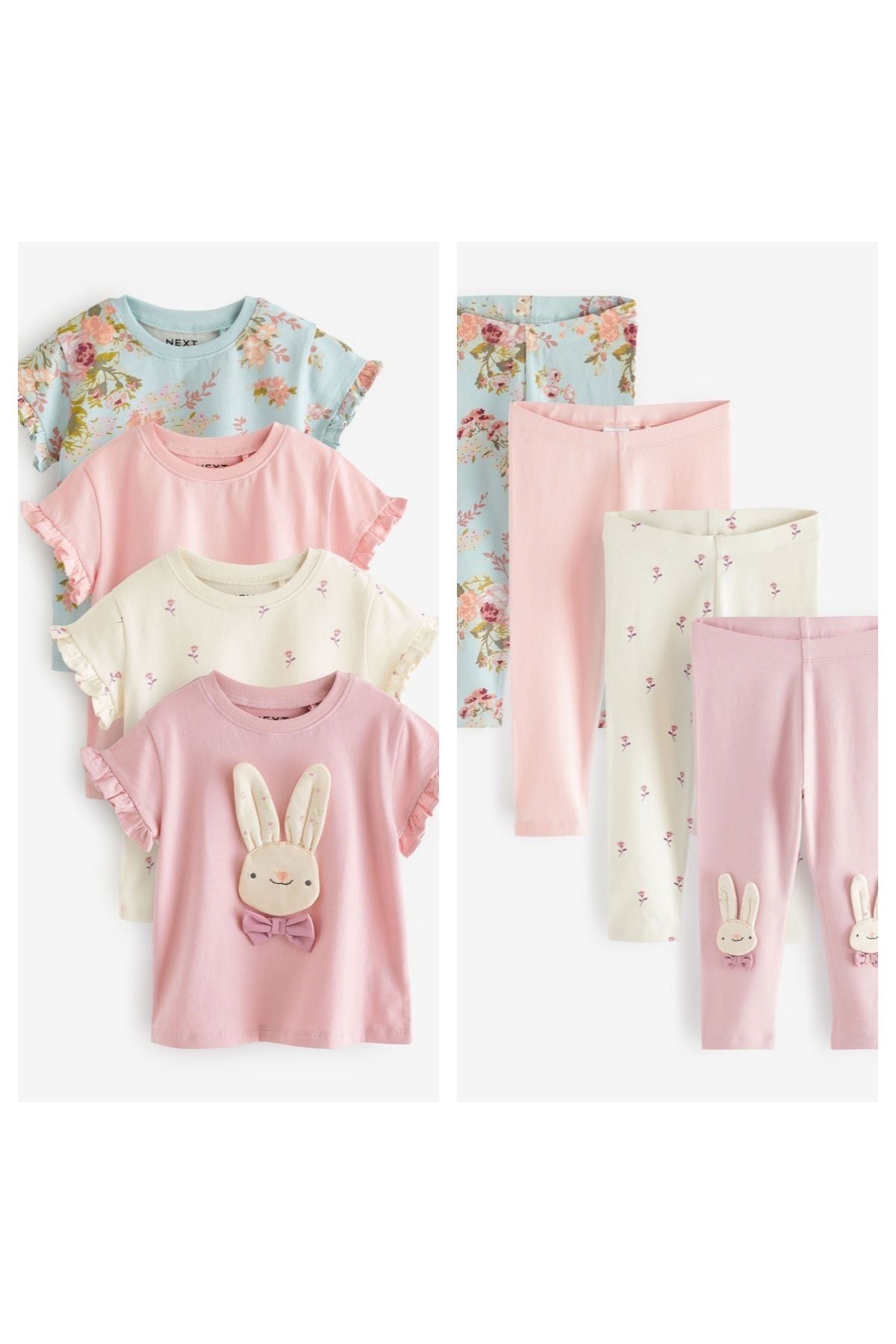 Next Baby Pamuklu Pembe Tavşan Çiçek Desenli Kısa Kollu Taytlı 4’lü Alt Üst Takım