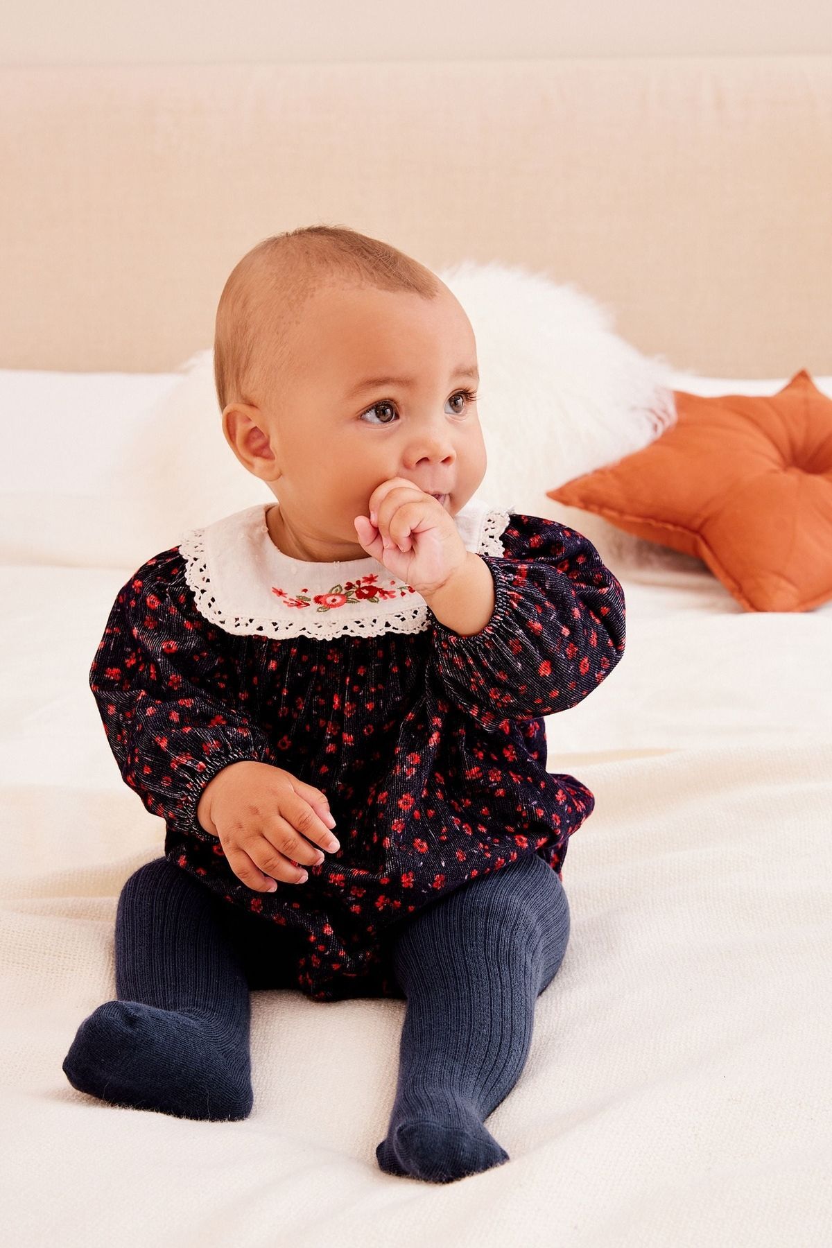 Next Baby % 100 Pamuklu Bordo Çiçek Desenli Kadife Romper Çorap Set