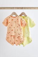 Next Baby % 100 Pamuklu Fluro Yeşil Turuncu Çilek Desenli Kısa Kollu Şortlu 2’li Alt Üst Takım