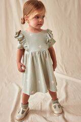 Next Baby % 100 Pamuklu Yeşil Kısa Kollu Fırfırlı Kuş Desenli Elbise