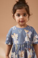 Next Baby % 100 Pamuklu Mavi Peri Desenli Kısa Kollu Elbise