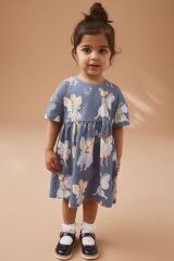 Next Baby % 100 Pamuklu Mavi Peri Desenli Kısa Kollu Elbise