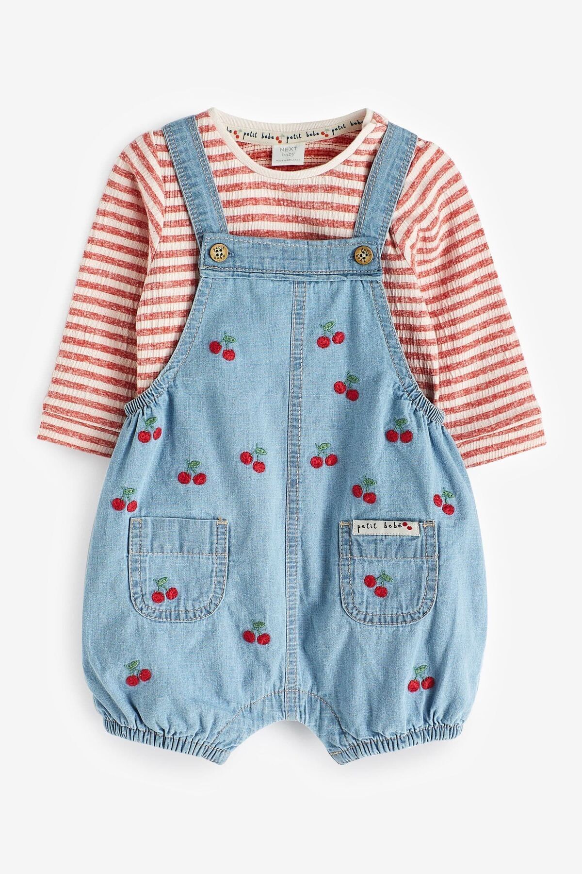 Next Baby % 100 Pamuklu Mavi Denim Kiraz Desenli Salopet Body Zıbın Set