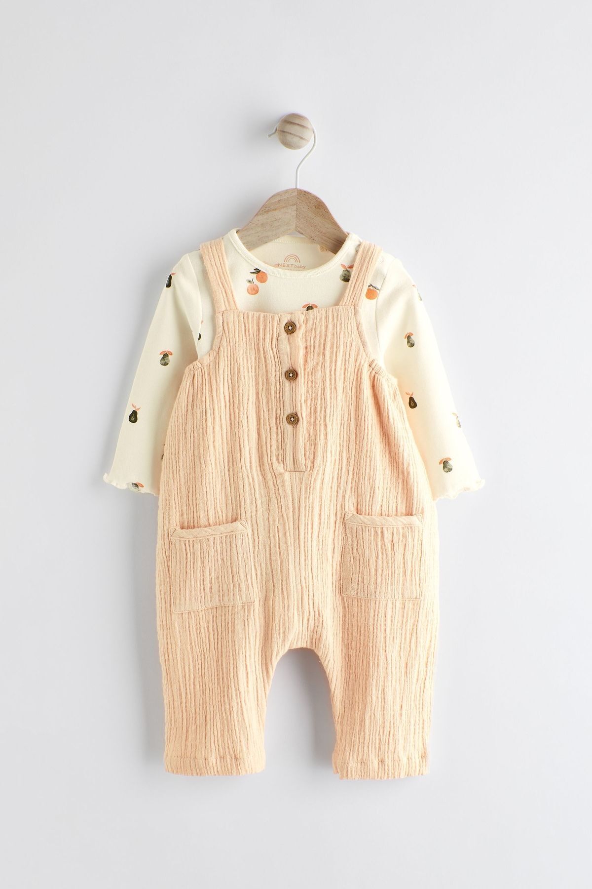 Next Baby % 100 Pamuklu Şeftali Pembesi Salopet Body Zıbın Set