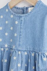 Next Baby % 100 Pamuklu Mavi Yıldız Desenli Denim Bebek Elbisesi
