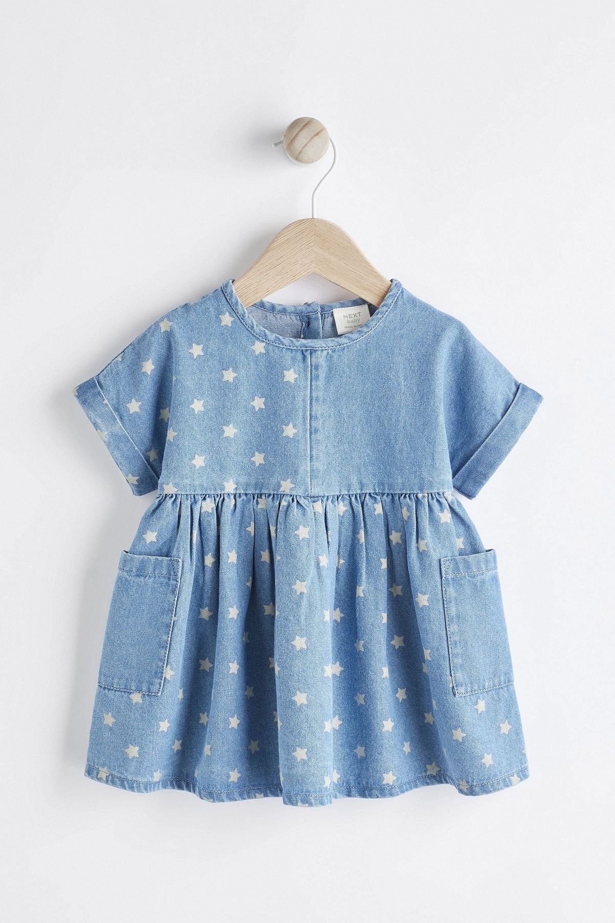 Next Baby % 100 Pamuklu Mavi Yıldız Desenli Denim Bebek Elbisesi
