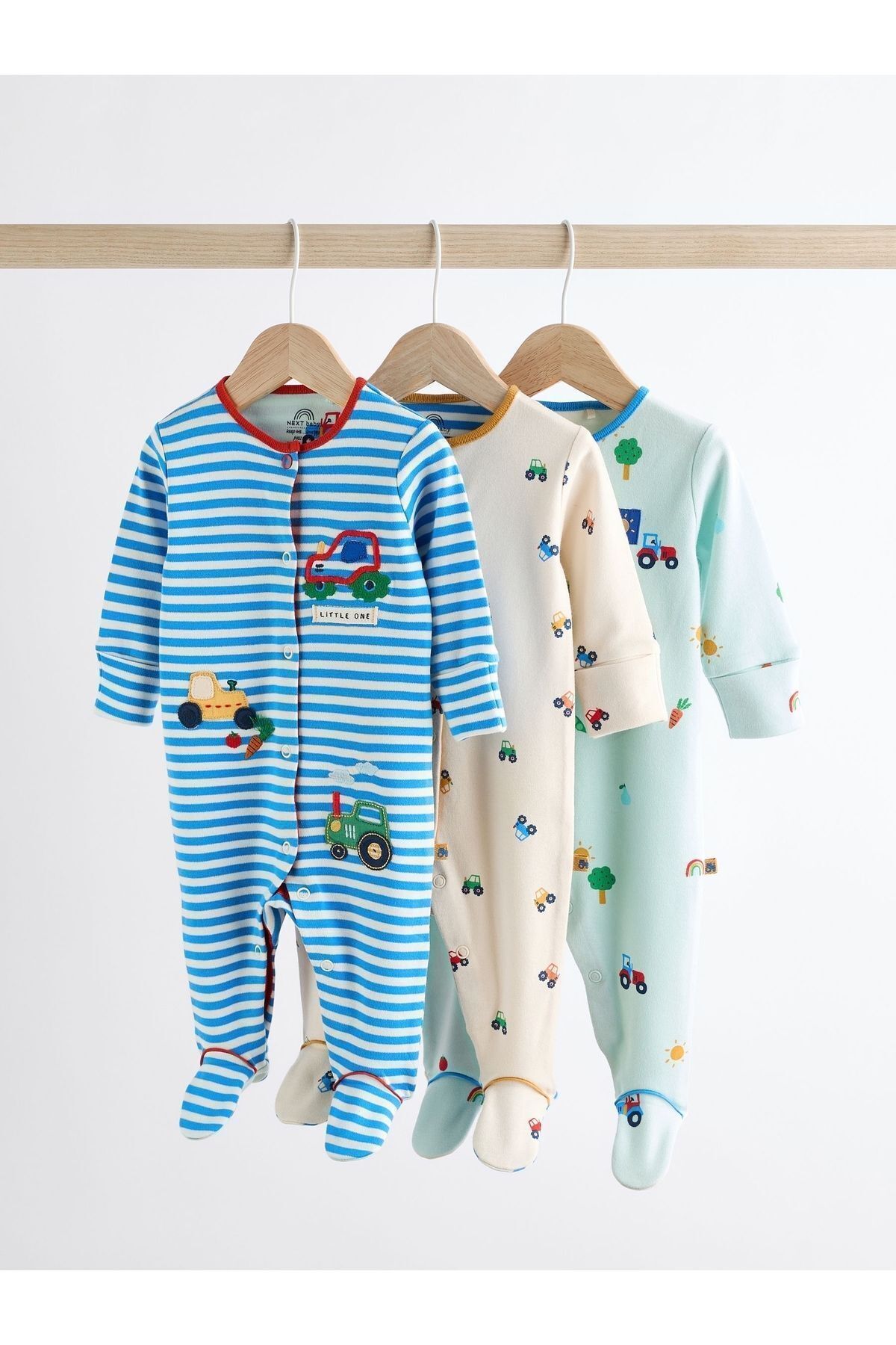 Next Baby % 100 Pamuklu Parlak Taşıma Araçları Desenli 3’lü Tulum Set
