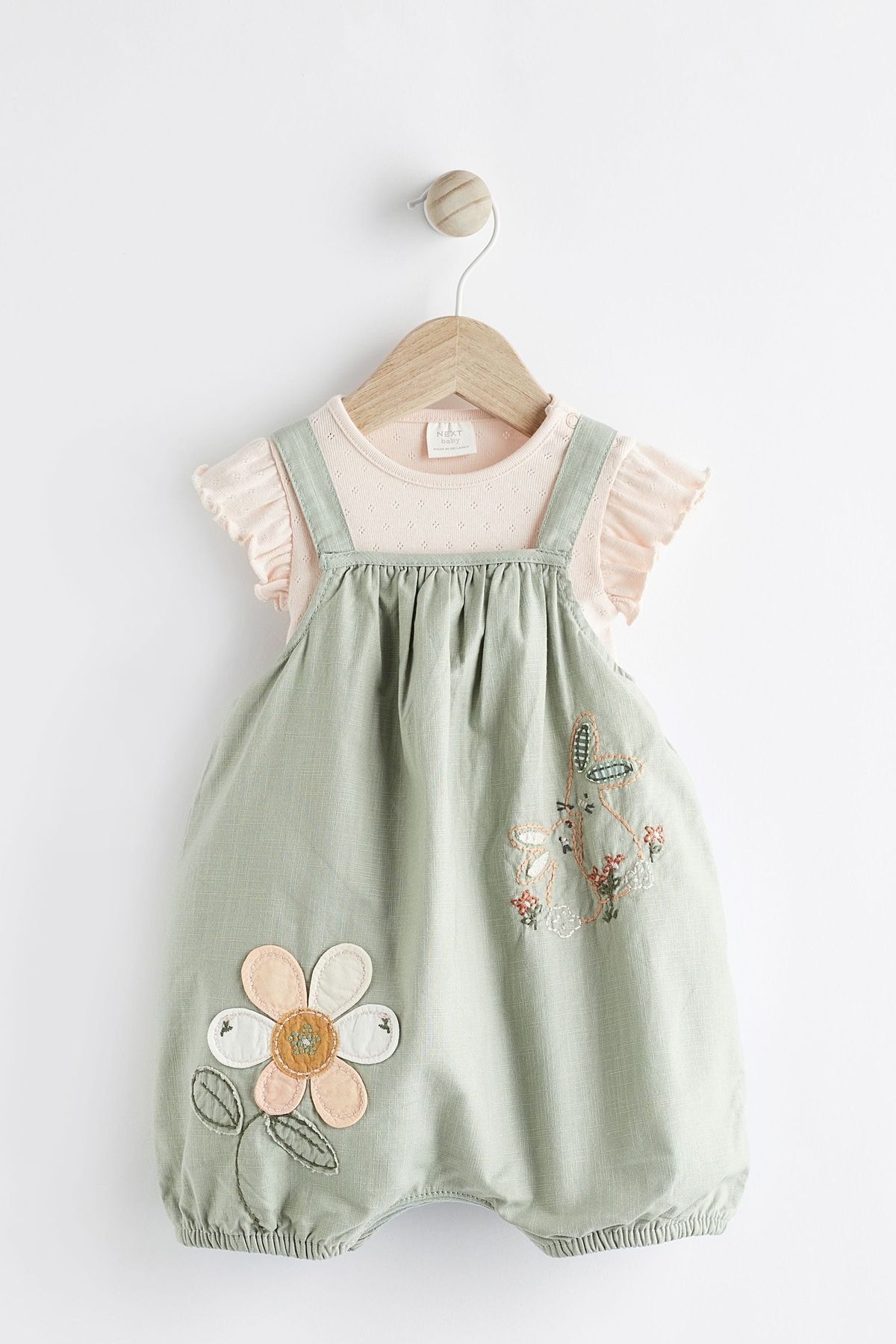 Next Baby % 100 Pamuklu Yeşil Çiçek İşlemeli Salopet Body Zıbın Set