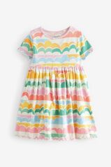 Pamuklu Gökkuşağı Ribanalı Kısa Kollu Jarse Elbise