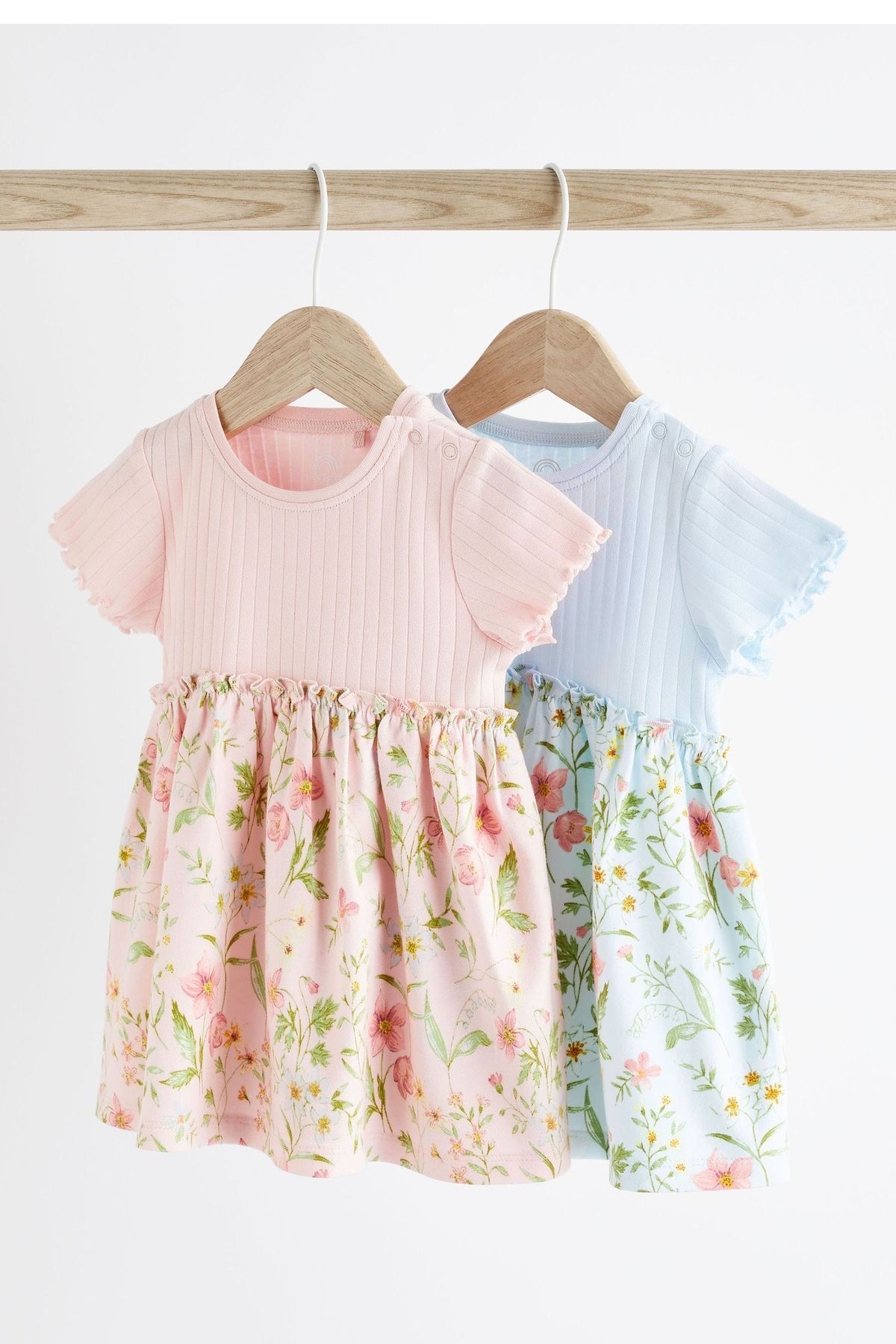 Next Baby % 100 Pamuklu Pembe Mavi Çiçek Desenli Kısa Kollu 2’li Elbise Set