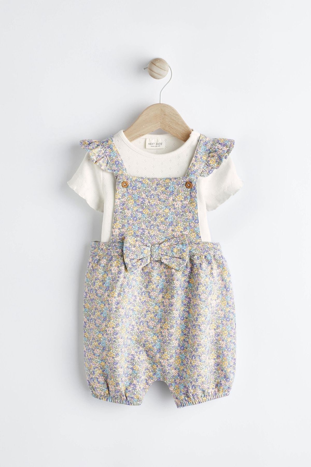 Next Baby % 100 Pamuklu Krem Mavi Ditsy Çiçek Desenli Fiyonklu Kısa Kollu Salopet Body Zıbın Set