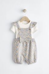 Next Baby % 100 Pamuklu Krem Mavi Ditsy Çiçek Desenli Fiyonklu Kısa Kollu Salopet Body Zıbın Set