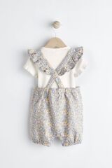 Next Baby % 100 Pamuklu Krem Mavi Ditsy Çiçek Desenli Fiyonklu Kısa Kollu Salopet Body Zıbın Set