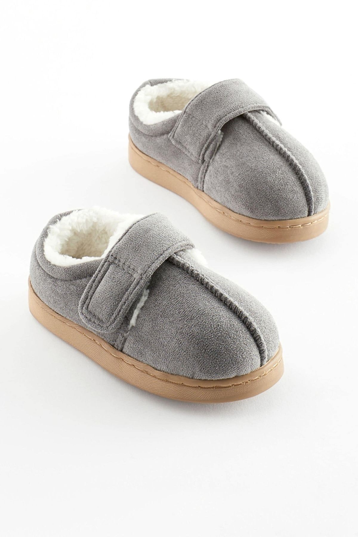 Next Baby Gri Polar Astarlı Bantlı Panduf Ev Ayakkabısı