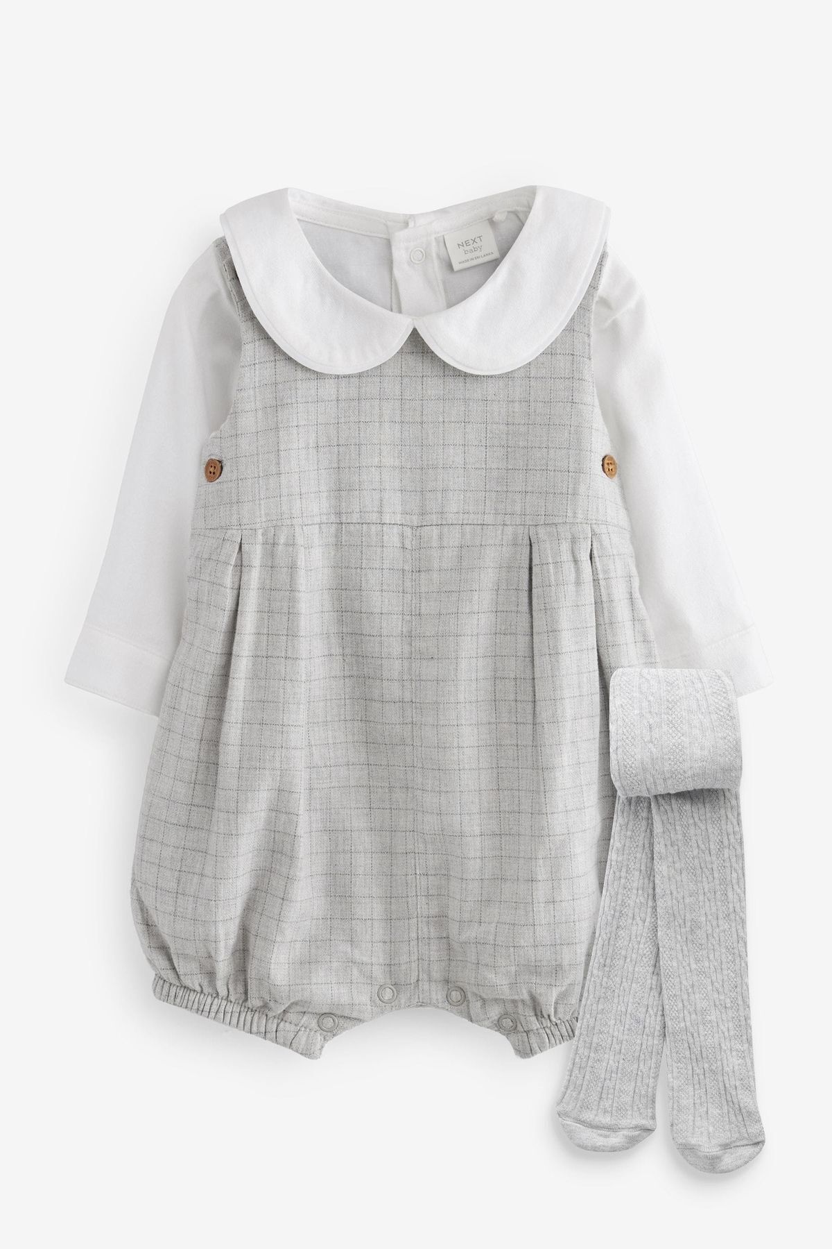 Next Baby % 100 Pamuklu Gri Bebe Yaka Body Zıbın Salopet Çorap 3’lü Set