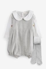 Next Baby % 100 Pamuklu Gri Bebe Yaka Body Zıbın Salopet Çorap 3’lü Set